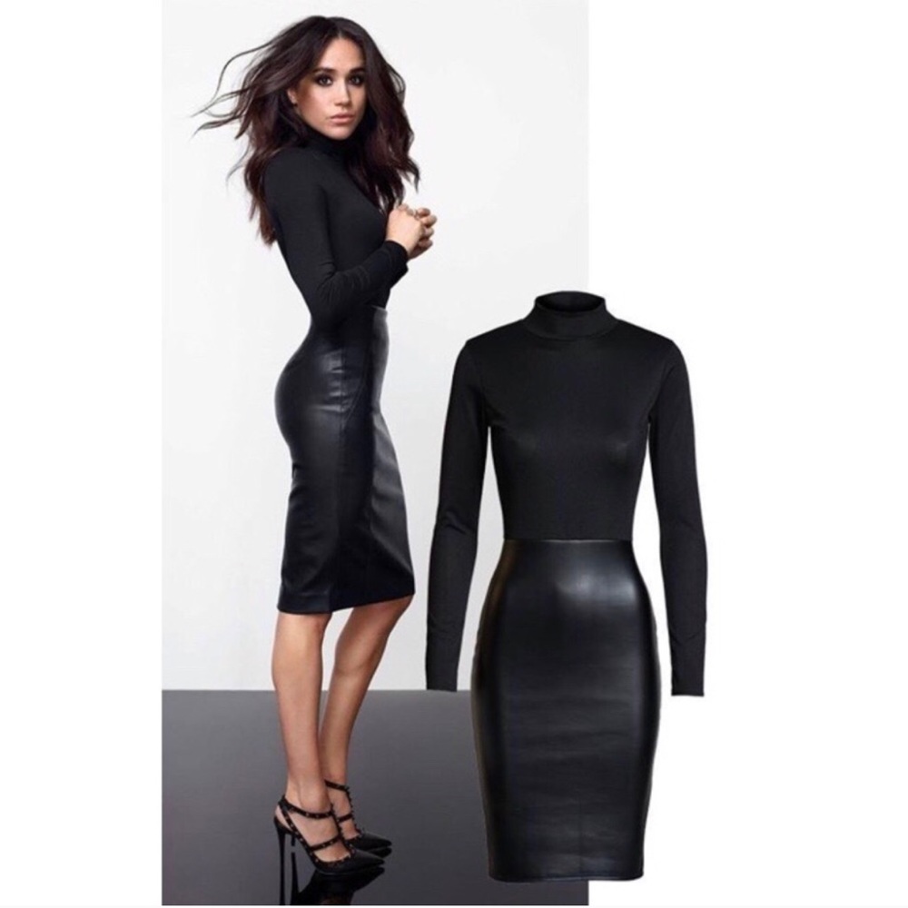 Black Body Con Leatherette Midi Dress